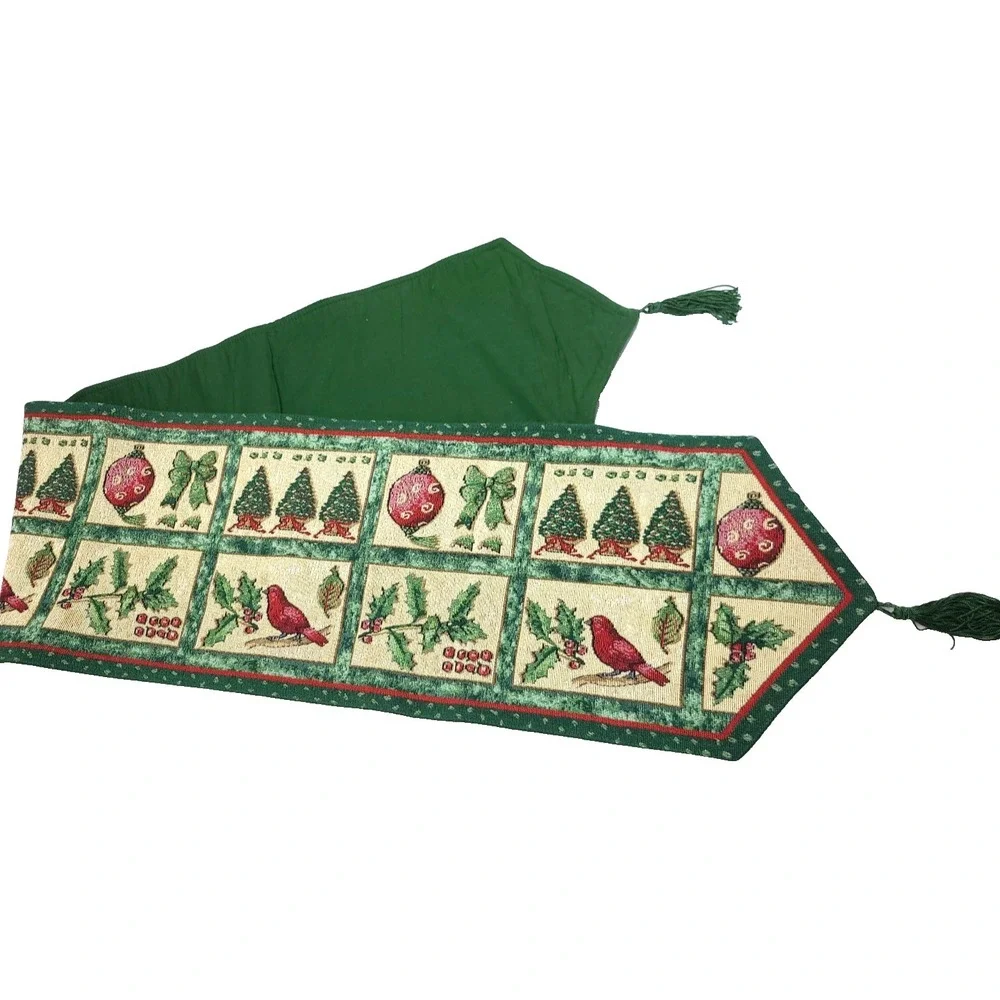 Christmas Tapestry Table Runner Cardinal Birds‎ Ornaments Trees Holiday 5' 8